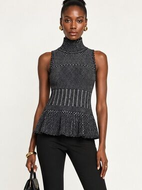 Torn by Ronny Kobo Black & White Sleeveless Mock Neck Peplum Tank
